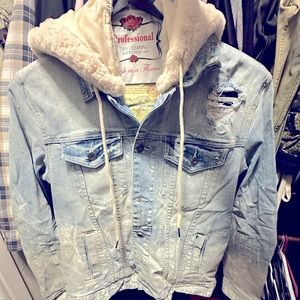 Light denim color, distressed jean jacket, sherpa hood